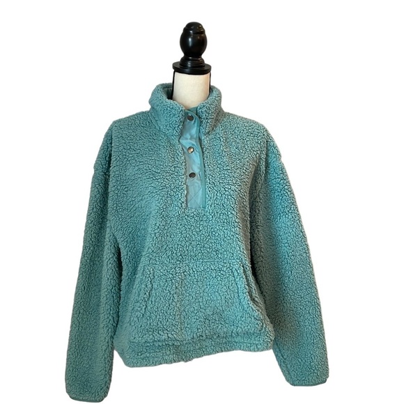 NWT Wallflower Sherpa Pullover Sweater SZ XL Teal Green 3/4 Button Front Soft - Picture 1 of 16